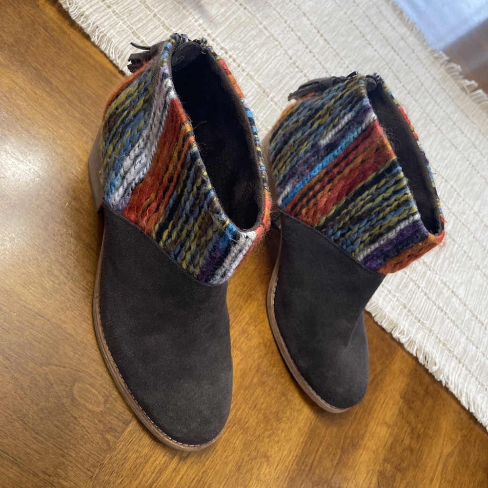 Toms Women's Leila Ankle Booties Size 7 Chocolate Suede with Multi Textile Upper